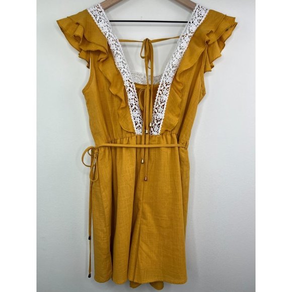 NWT Simplee Golden Yellow Crochet Lace Trim Romper - Tie Back - Linen - Medium - Picture 9 of 14